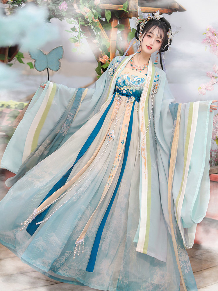 QINGHE 원래 MYROBALAN 스커트 HANFU 여성 2024 새로운 당나라에서 만든 개선된 대형 소매 셔츠 중공업 MYROBALAN 스커트 요정 고대 의상