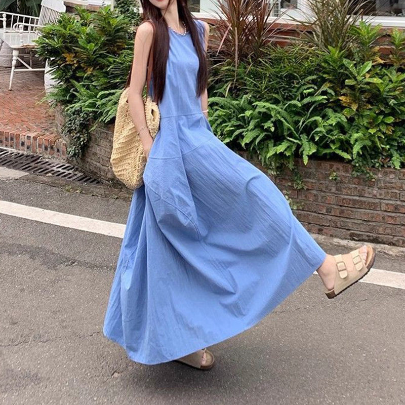 浪漫柔系蓝色裙子韩系氛围感无袖背心长连衣裙子女夏季法式高级感