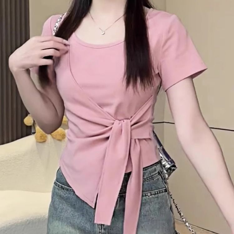 广州白马女装短袖设计感开叉绑带收腰T恤夏季时尚洋气修身显瘦上图片