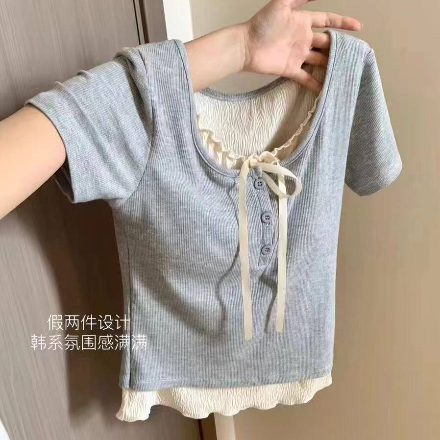 广州白马女装短袖小香风假两件正肩t恤夏设计感小众显瘦百搭上衣图片