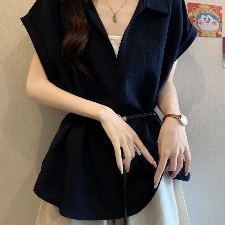 广州白马女装短袖假两件设计感V领正肩衬衫夏季新款收腰显瘦系带图片