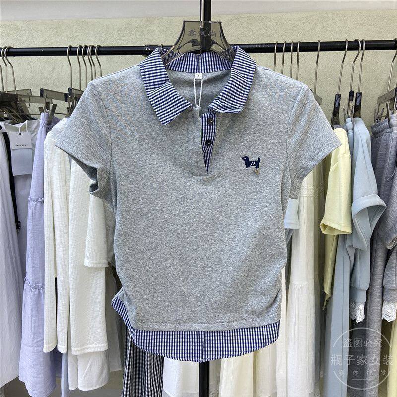 广州白马女装短袖Polo领假两件T恤夏季新款修身独特漂亮设计感潮图片