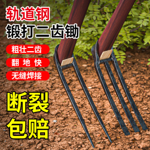 农用手工锻打锄头翻地松土工具种菜家用挖地多功能锰钢二齿锄耙子