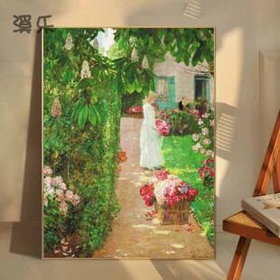 玫瑰花园椅子小女孩欧式人物小众油画装饰画客厅卧室床头玄关挂画 说灯优选