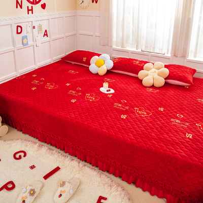 新款结婚庆榻榻米床单件牛奶绒保暖防滑可定制大红炕盖一面裙床盖