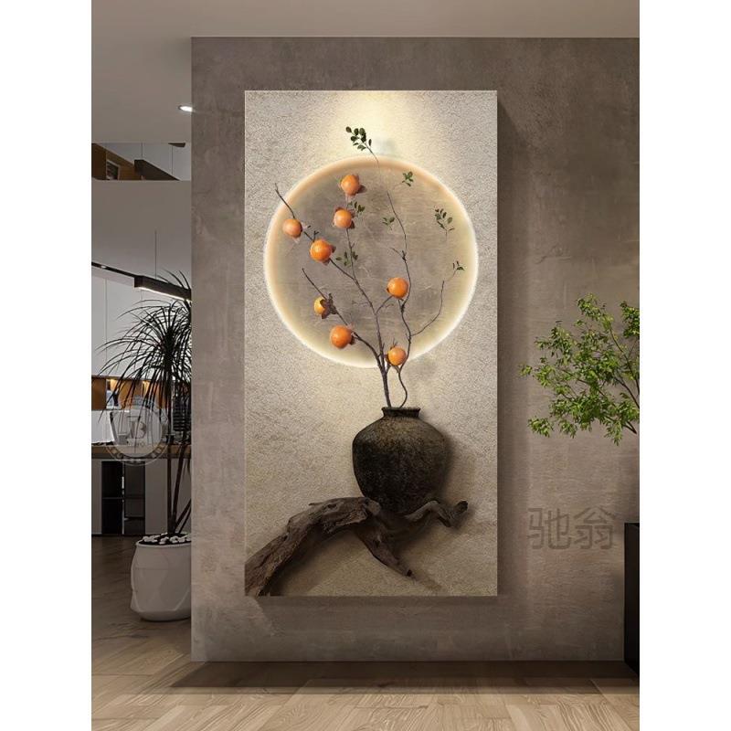 麓r柿柿如意进门入户玄关装饰画日式侘寂风走廊过道立体砂岩壁灯图片