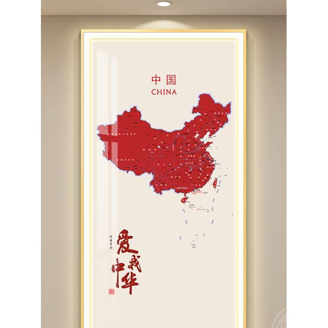 Led带灯入户玄关装饰画现代中国红色地图挂画沙发背景墙办公室画
