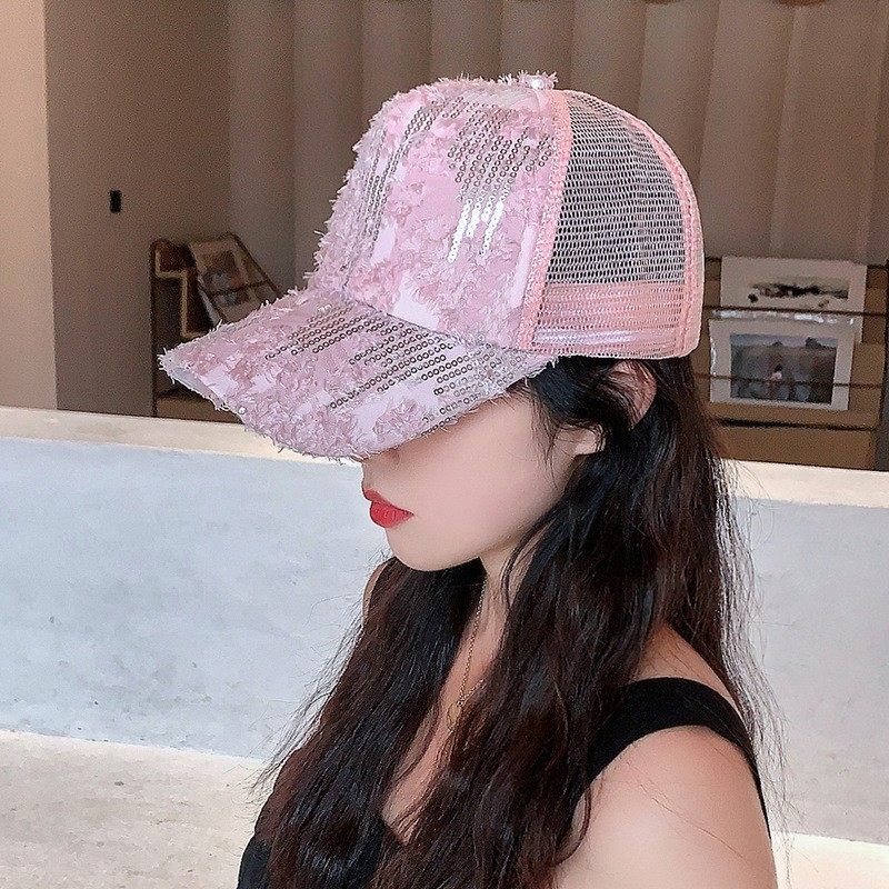 韩版女士时尚亮片网纱透气鸭舌帽户外遮阳防晒运动可调节棒球