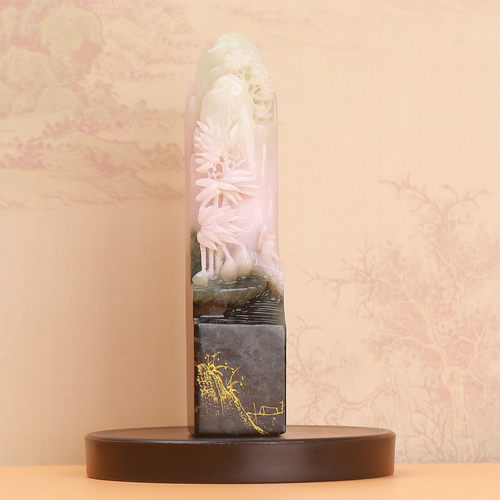 天然老料冰粉色料独山玉山水人物印章摆件镇宅平安富贵工艺品