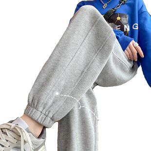 灰色高腰束脚卫裤女秋冬季2025新款小个子加绒运动裤外穿灯笼裤子