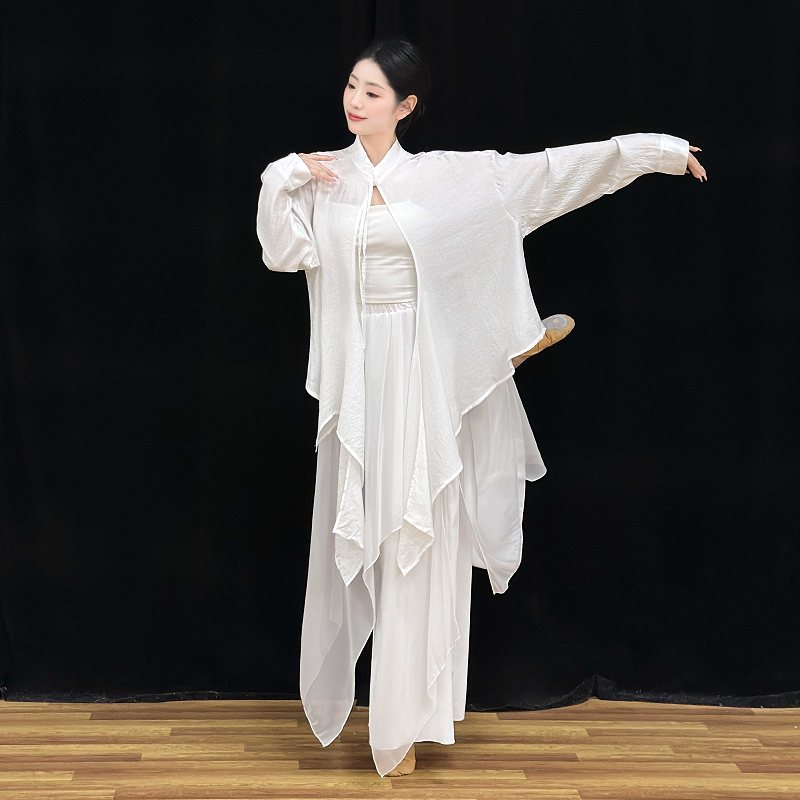 新款古典舞蹈服女白色不对称飘逸上衣现代舞练功服衬衣舞台表演服