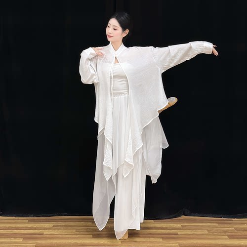 新款古典舞蹈服女白色不对称飘逸上衣现代舞练功服衬衣舞台表演服