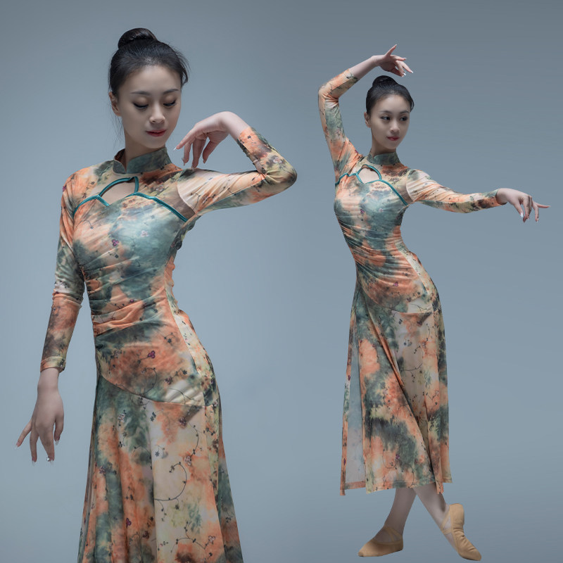 古典舞旗袍舞蹈服装飘逸弹力印花现代舞练功服仙气民族舞表演服