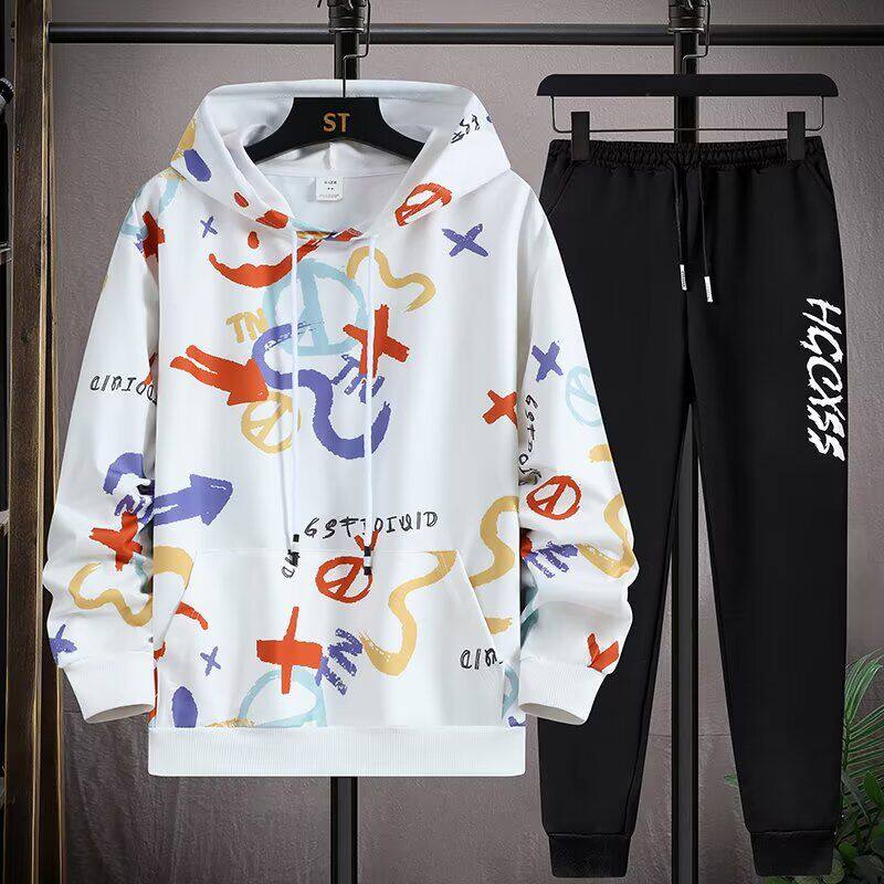 青少年潮流涂鸦套头连帽卫衣长裤套装春秋薄款学生宽松休闲套装