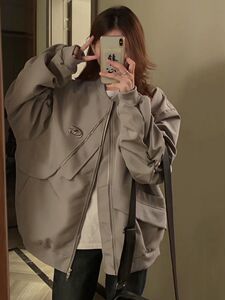 美式褶皱设计感飞行服外套女春秋季街头不规则宽松工装夹克棒球服