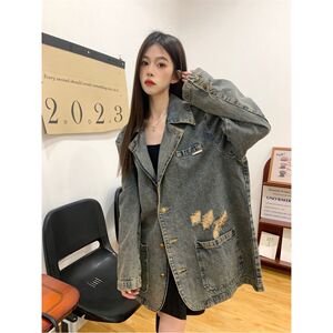 2024春新款女休闲中性慵懒风牛仔西服长袖外套设计感小众宽松上衣