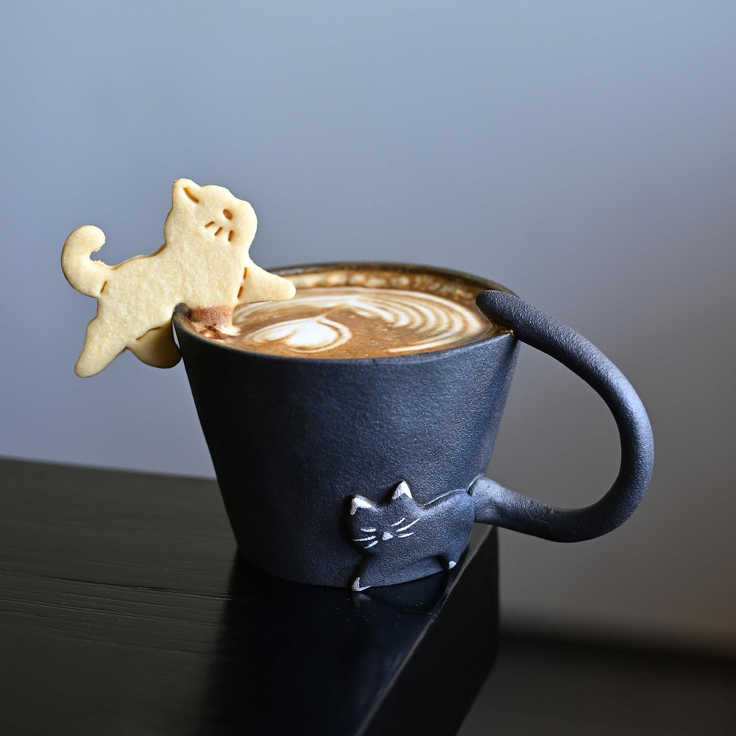 黑色猫咪把手陶瓷杯咖啡杯手工复古粗陶茶杯杯子日式水杯马克杯