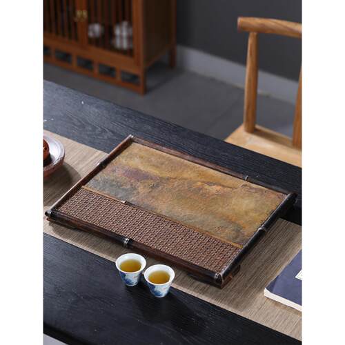 天然岩石茶盘紫竹崖石茶台手工竹编干泡盘藤编壶承茶托茶具收纳盘