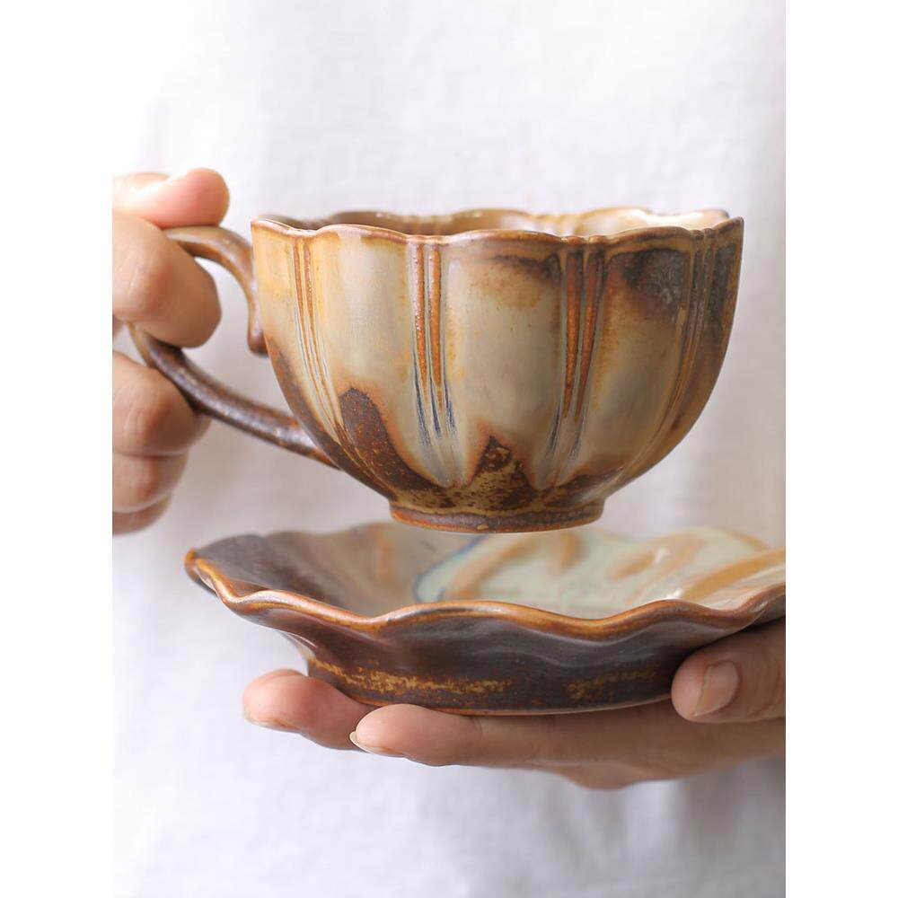 景德镇大容量柴烧咖啡杯 手工陶瓷女士带碟下午茶家用水杯马克杯