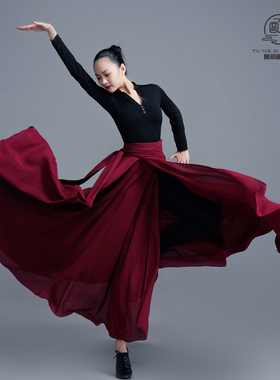 蒙古族藏族民族舞蹈练习裙新疆舞蹈服一片式系带大摆裙女艺考长裙