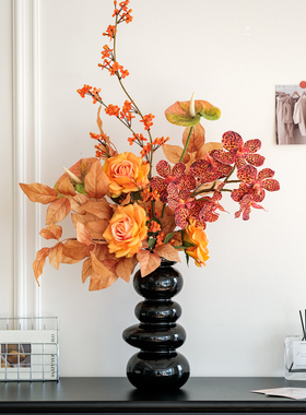 现代仿真花束橙色玫瑰枫叶兰花客厅餐桌装饰摆件家居插花艺术
