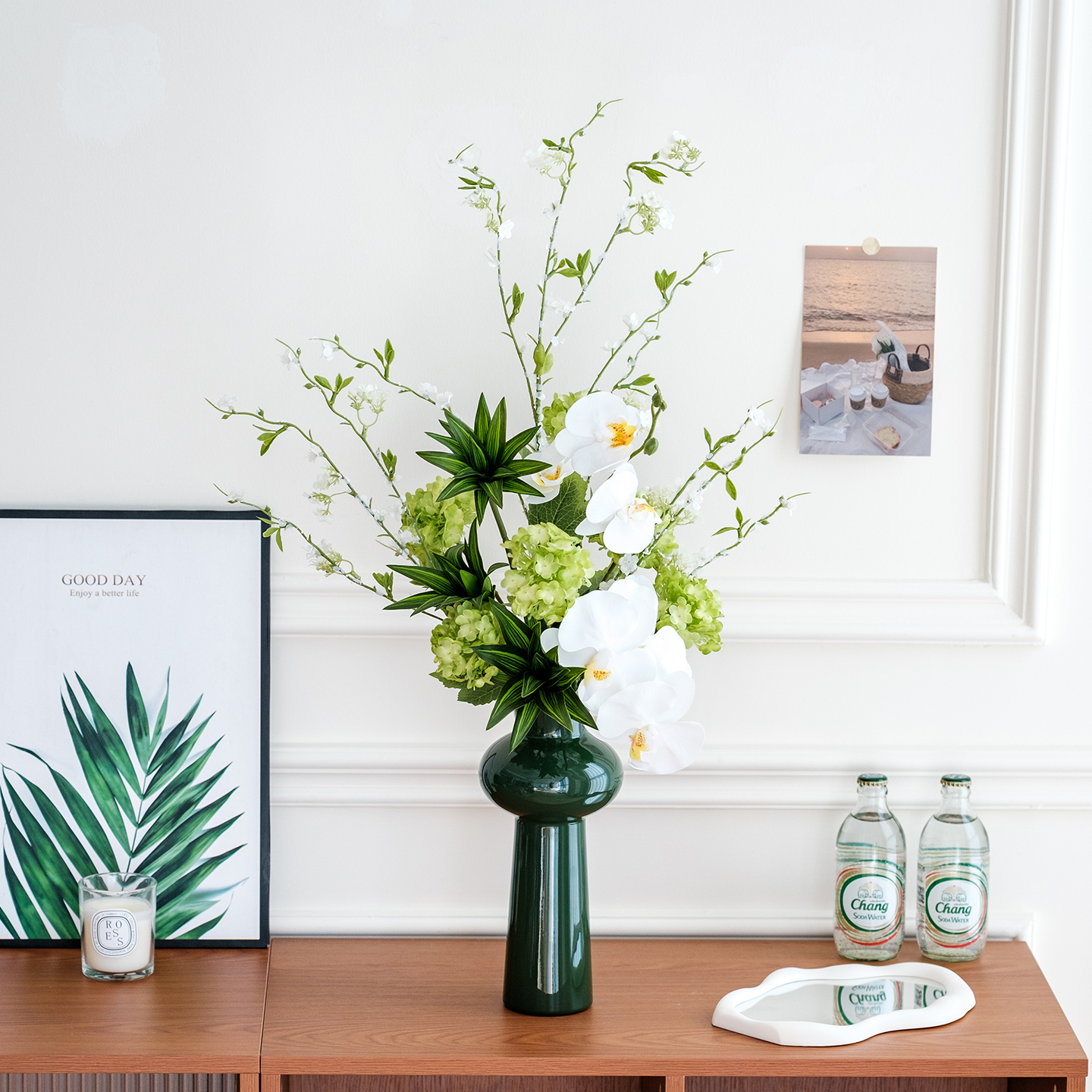 现代简约绿色仿真花束餐桌花艺