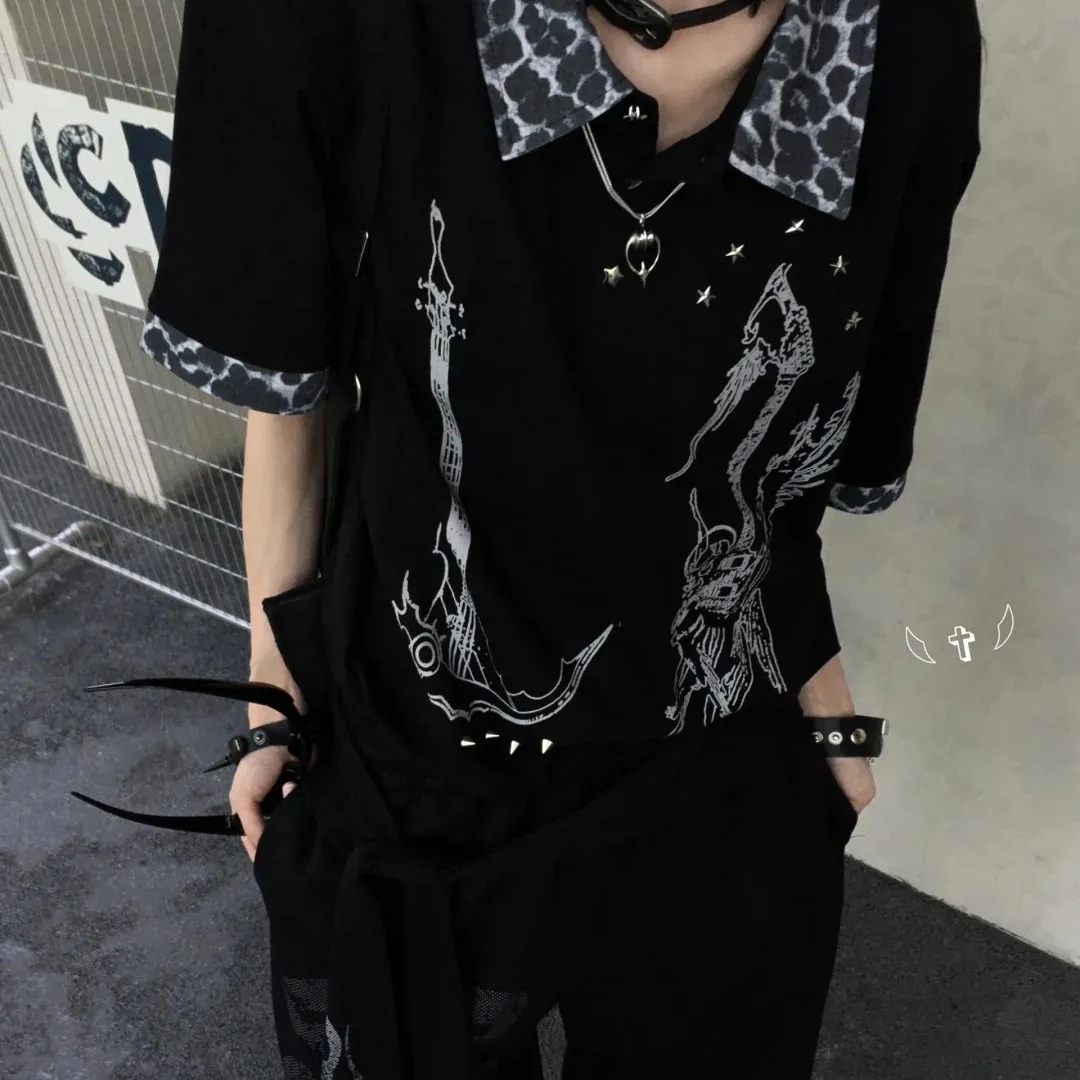 美式复古短袖T恤女夏季新款设计感小众宽松显瘦polo领上衣两件套