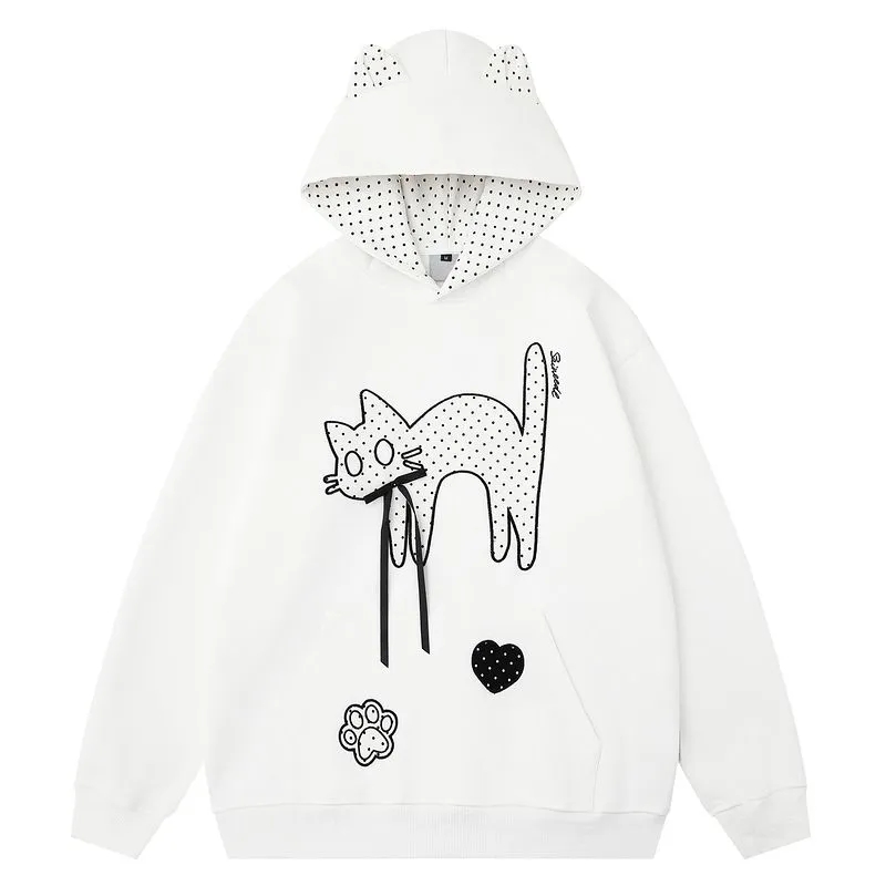 刺绣耳朵秋季慵懒风宽松帽衫外套