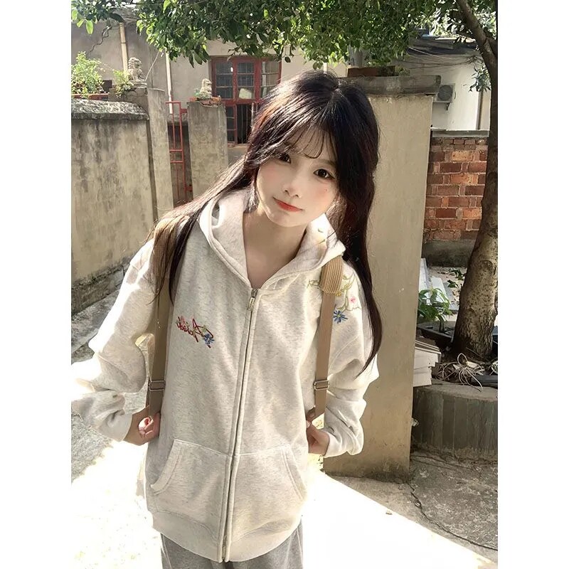 现货2026春季女加绒加厚拉链开衫外套韩系穿搭国潮风刺绣连帽卫衣