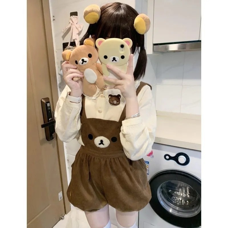 现货学院秋日原创洛丽塔小个子女生可爱轻松熊背带裤带帽三件套装