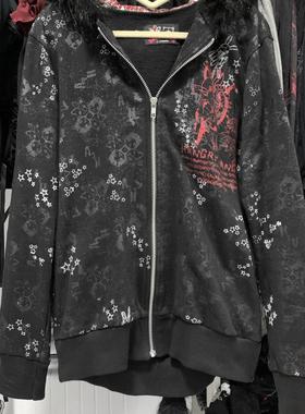 日牌中古外贸亚文化辣妹猫耳毛茸茸黑白小猫连帽猫尾加绒短款外套