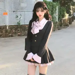 韩系千金假两件连衣裙套装百褶裙