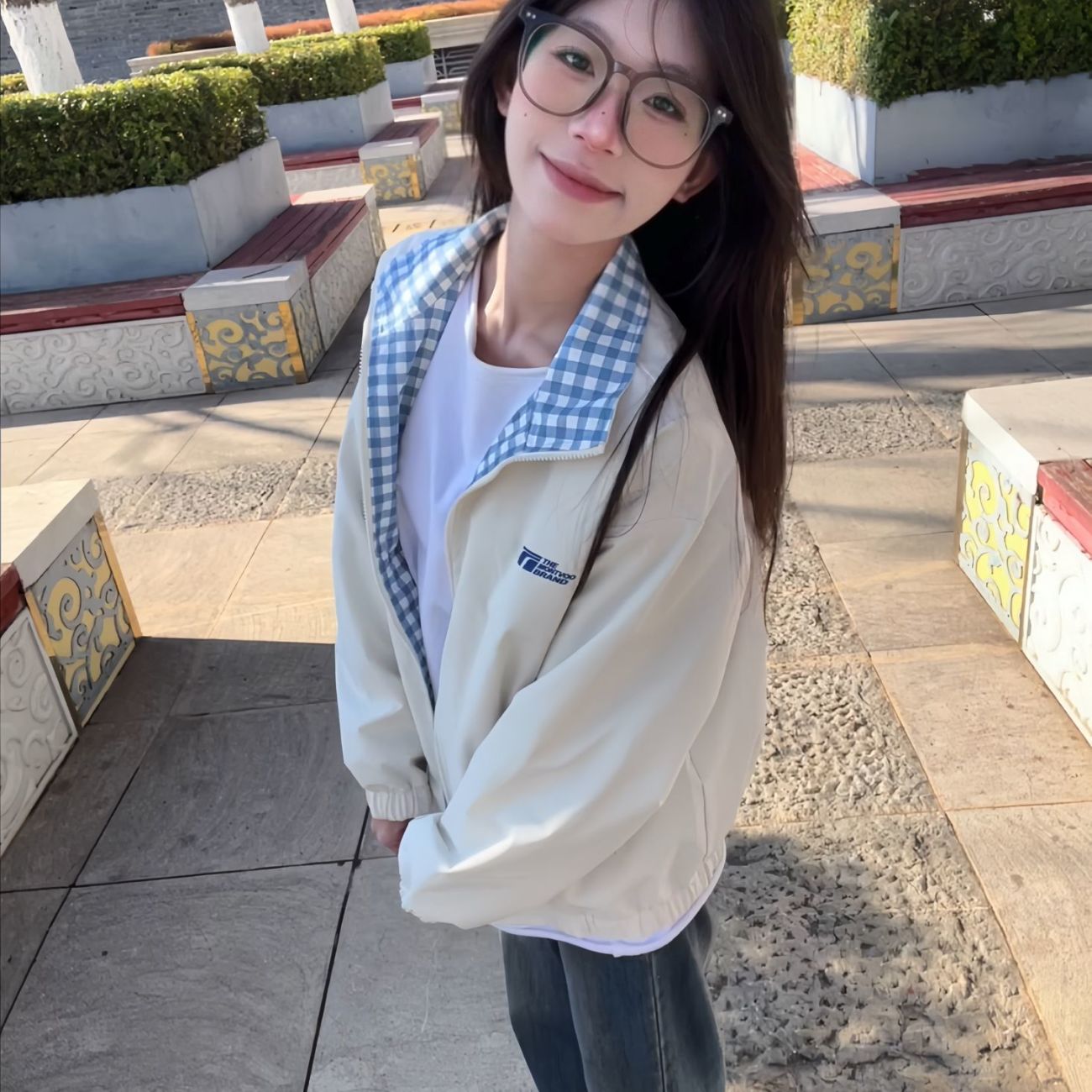 开衫女假两件街头浅米色中国长袖