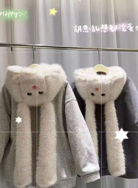 现货学院风甜美兔长耳朵外套女冬季新款休闲宽松加厚保暖百搭上衣