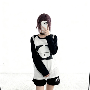 电锯人蕾塞cos服日常长袖T恤女撞色拼接圆领宽松上衣插肩袖打底衫