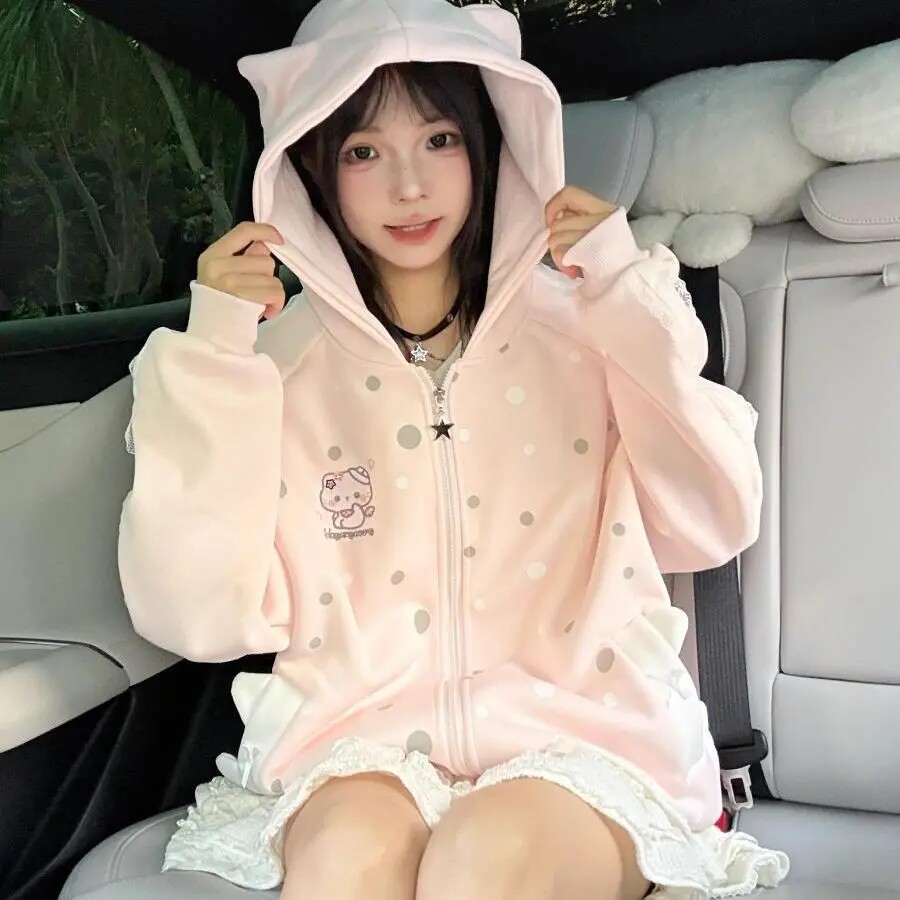 可爱日系少女卫衣女冬季宽松oversize宅萌系加厚加绒长袖拉链外套