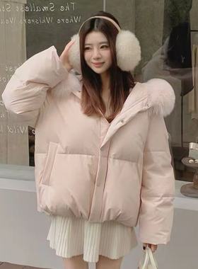 学院风粉色大毛领2025冬季韩版宽松连帽短款羽绒棉服加厚保暖外套