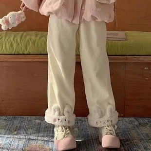 现货可爱兔子卷边灯芯绒阔腿裤女加绒加厚秋冬软妹直筒宽松休闲裤