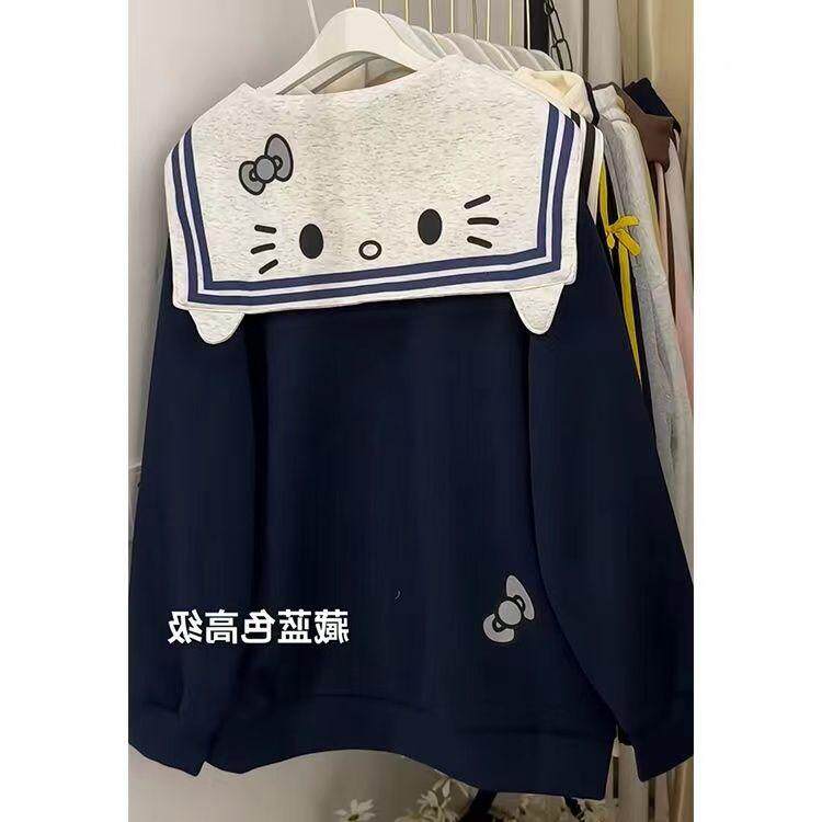 现货新款海军领可爱猫咪宽松卫衣