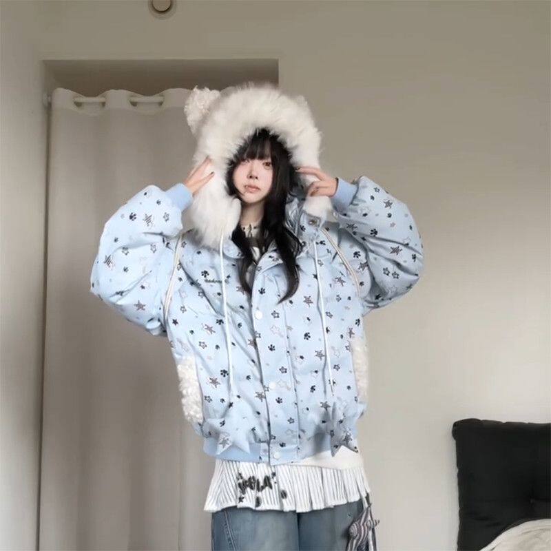 现货学院风星星印花连帽宽松棉衣