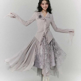 法式干枯玫瑰毛衣外套女春季针织开衫小众温柔紫色重工套装设计感