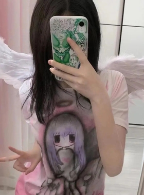 小众设计天使不死emo喷绘扎染T恤朋克亚文化绘画涂鸦短袖男女现货