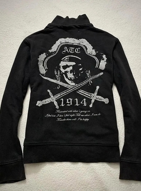 亚文化y2k黑色海贼印花卫衣外套男女秋季新款vintage古着宽松上衣