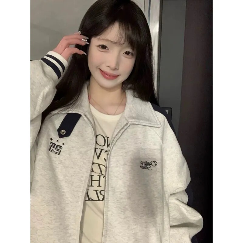 美式复古立领撞色插肩卫衣春秋女
