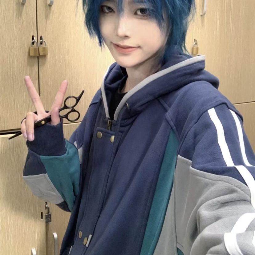 国潮牌条纹撞色拼接拉链连帽卫衣女秋冬季不规则宽松情侣上衣外套