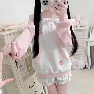 日系软妹草莓兔兔海军领卫衣女2025春秋新款宽松宅系可爱百搭上衣