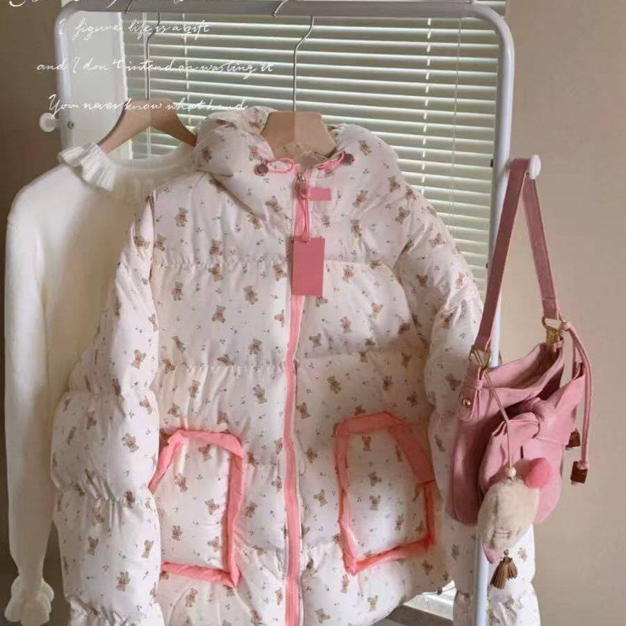 现货学院风小熊连帽加厚面包服女