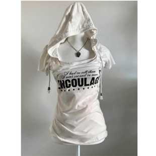 女夏正肩修身百搭上衣美式复古vintage中古着连帽短袖假两件T恤