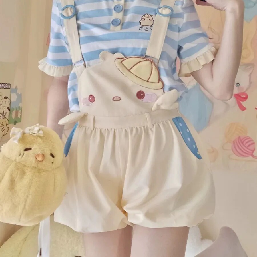 现货日系软妹春夏刺绣小黄鸡套装