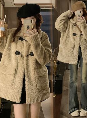2025冬季新款羊羔毛外套女加厚牛角扣保暖宽松毛绒中长款翻领大衣